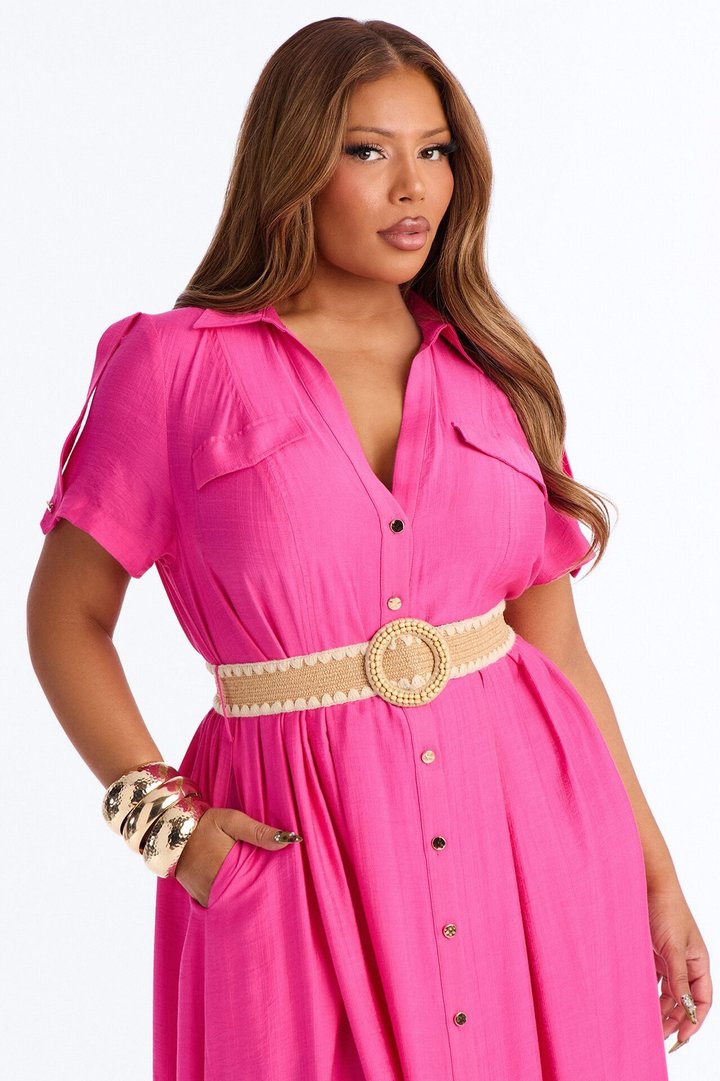 Laurel Linen Maxi Shirt Dress - HotPink