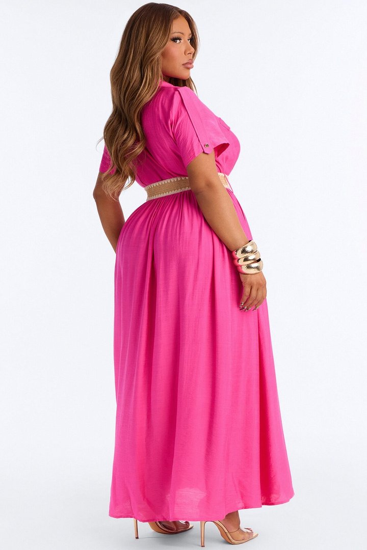 Laurel Linen Maxi Shirt Dress - HotPink