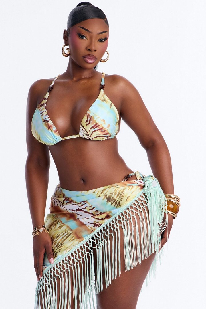 Neeva Tiger Fringe 3 Piece Bikini & Sarong Sunsuit - Blue/combo