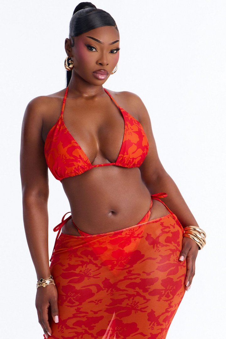 Mirella 3 Piece Floral Triangle Bikini & Cover Up Skirt Sunsuit - Orange