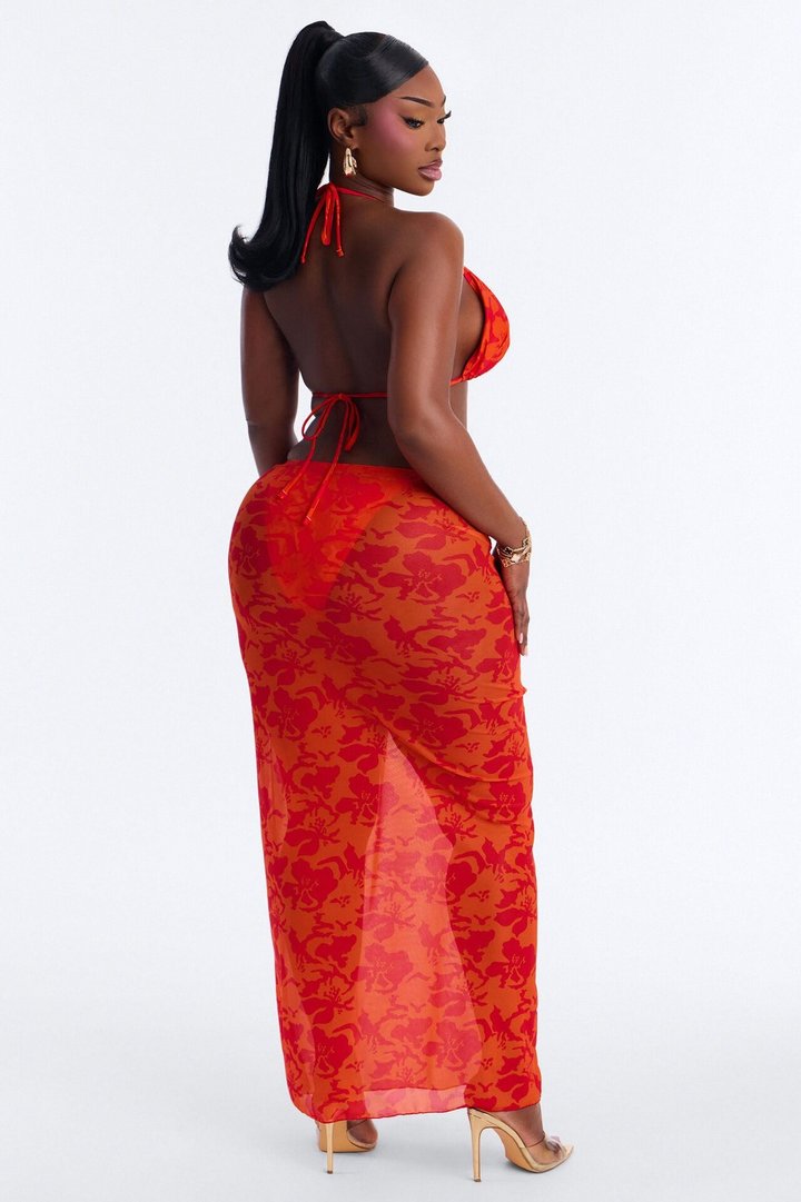 Mirella 3 Piece Floral Triangle Bikini & Cover Up Skirt Sunsuit - Orange