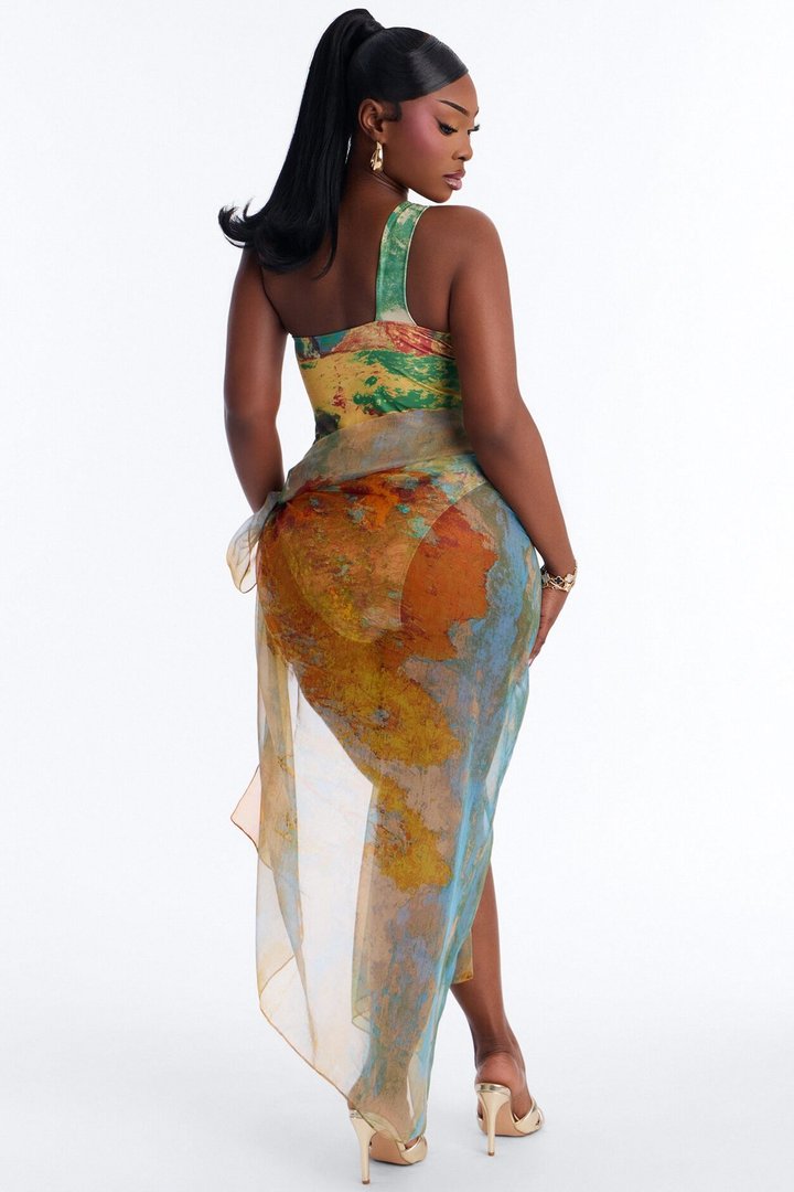 Areli Abstract One shoulder Cut Out 1 Piece Swimsuit & Sarong Set - Green/combo