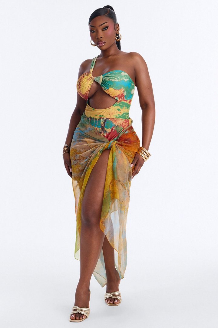 Areli Abstract One shoulder Cut Out 1 Piece Swimsuit & Sarong Set - Green/combo