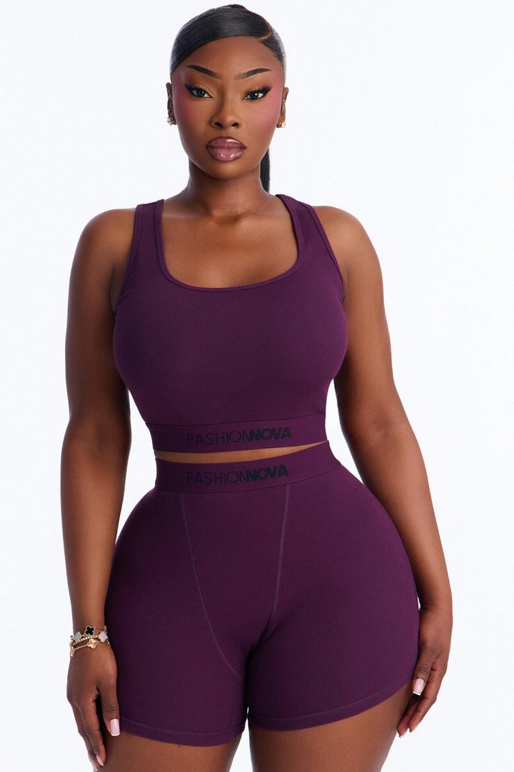FN Mood Cotton Ribbed Racer Back Bra and Boxer Set - Plum