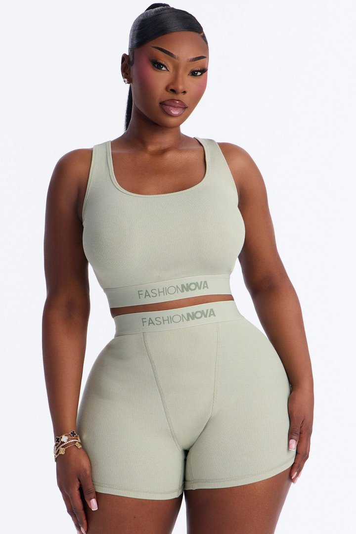 FN Mood Cotton Ribbed Racer Back Bra and Boxer Set - Sage