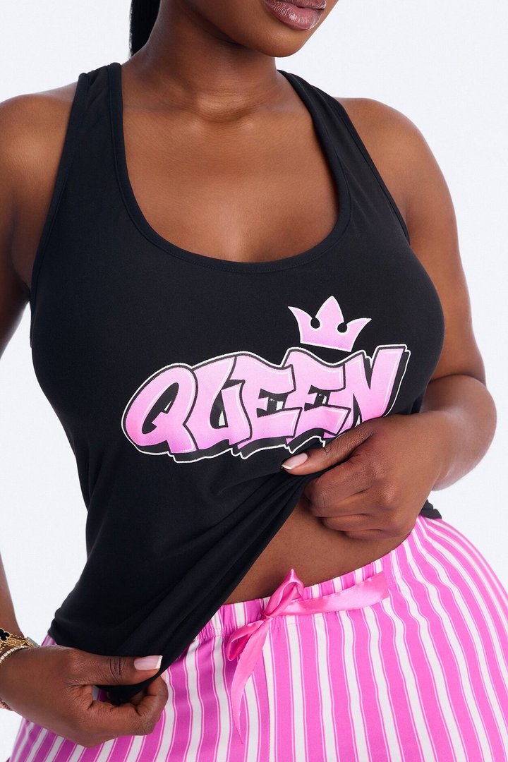 Just A Queen Racerback PJ Short Set - Black/Pink
