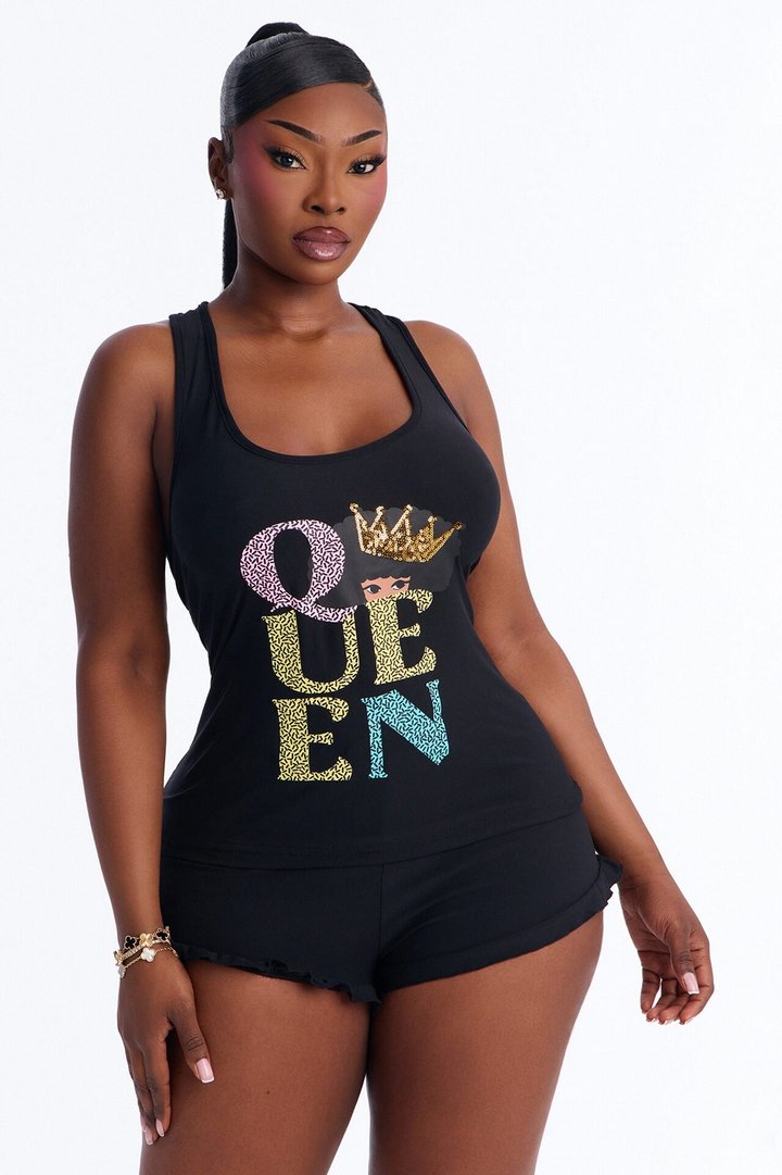 She's A Queen PJ Racerback Short Set - Black/combo