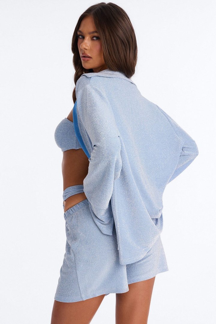 Shine On Me 4 Piece Metallic Bandeau Bikini & Cover Up Shirt & Short Sunsuit - Light Blue
