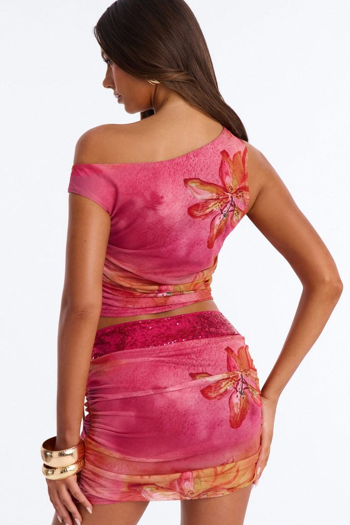 Tropic Like It's Hot Mesh And Sequin Mini Skirt Set - Pink/combo