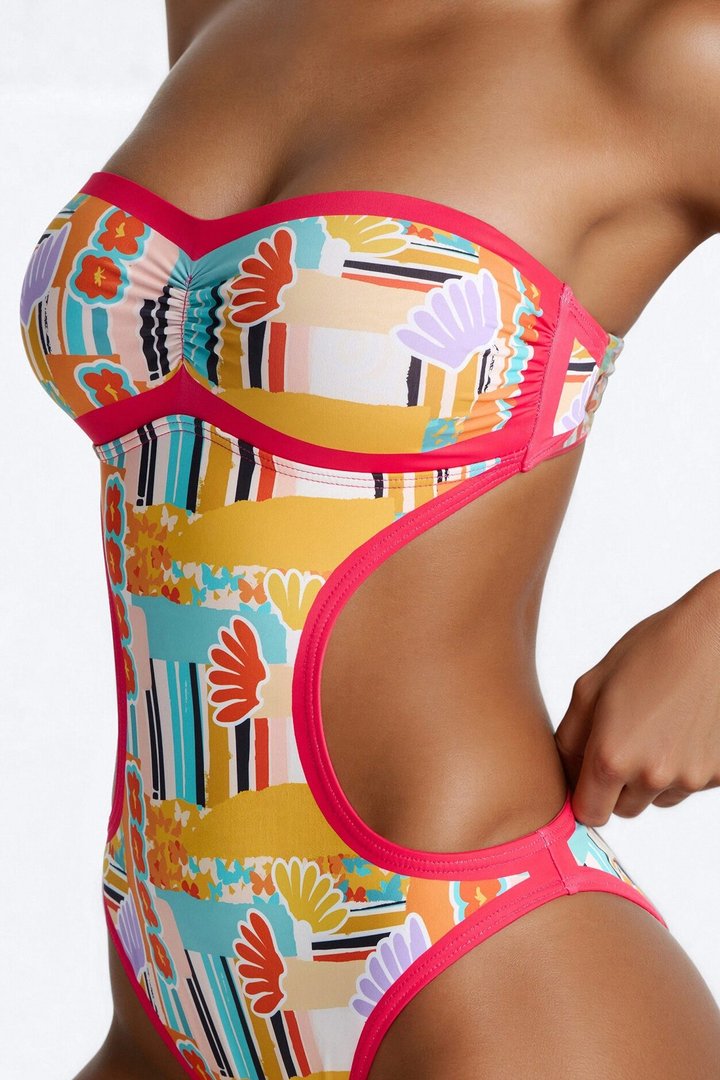Keep Swimming 1 Piece Strapless Cut Out Swimsuit - Orange/combo