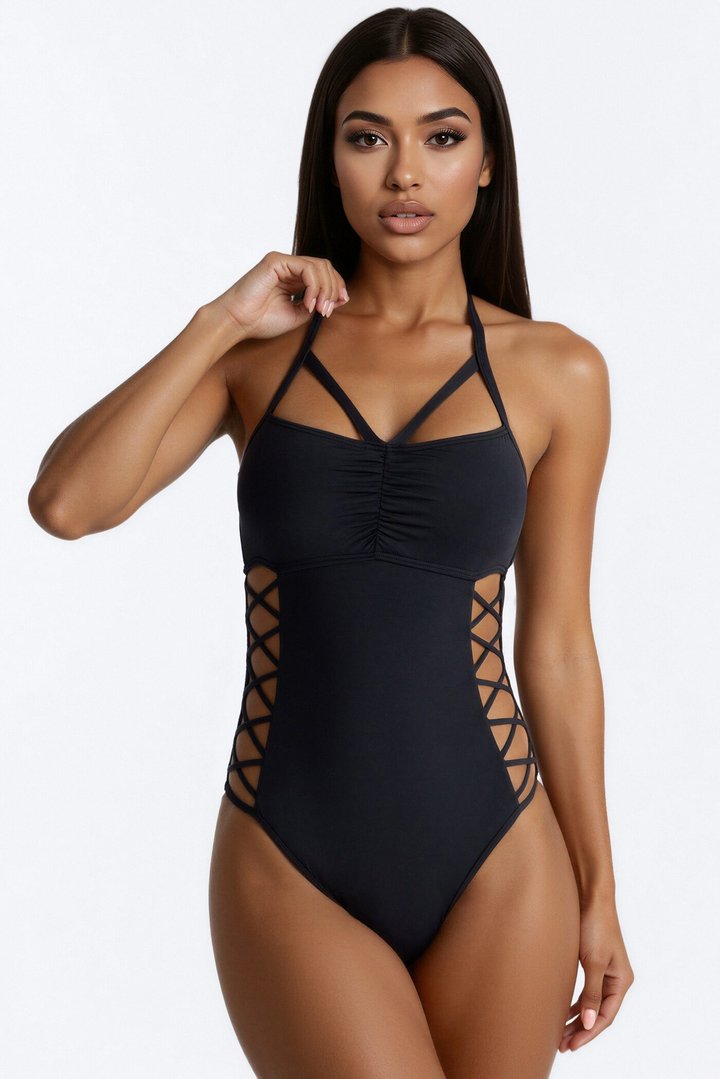 Keep It Cool 1 Piece Lace Up Halter Swimsuit - Black