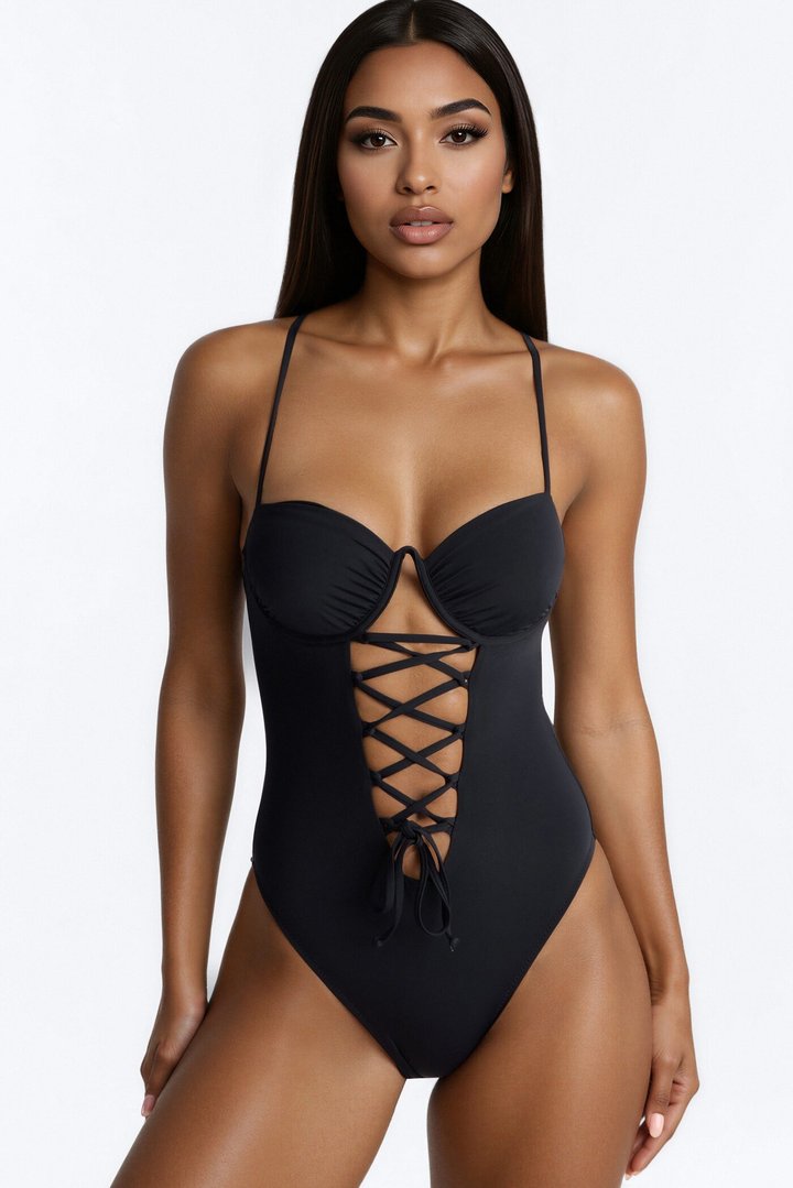 Gold Coast 1 Piece Lace Up Underwire Swimsuit - Black