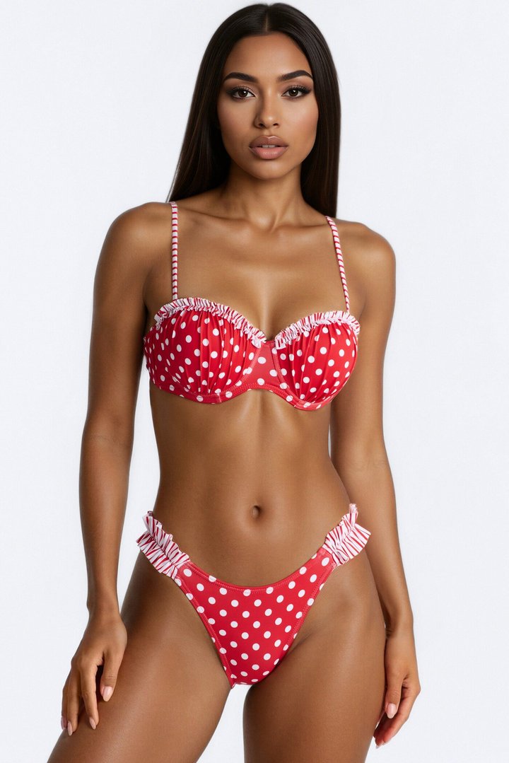 So Carefree 2 Piece Ruffle Polka Dot Underwire Bikini Set - Red/combo