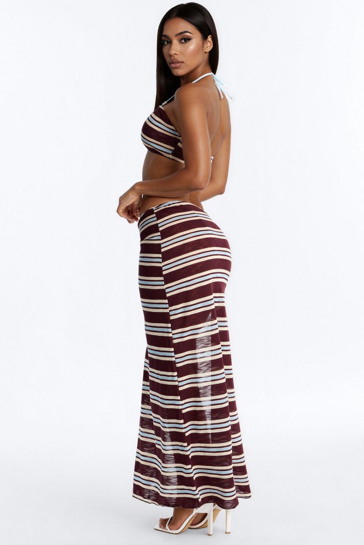 Nicolina Striped 3 Piece Bandeau Bikini & Cover Up Maxi Skirt Sunsuit - Brown/combo