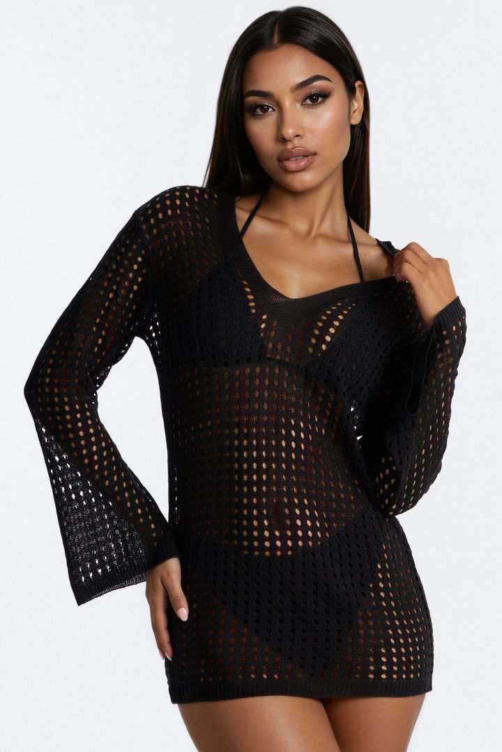 Drea Crochet Long Sleeve Cover Up Dress - Black