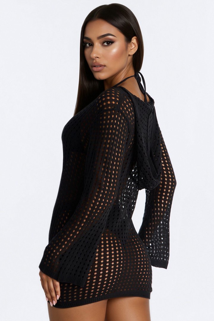Drea Crochet Long Sleeve Cover Up Dress - Black