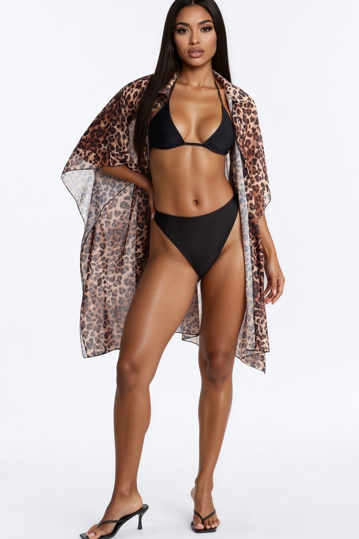 Drew Leopard Cover Up Collared Kimono - Leopard