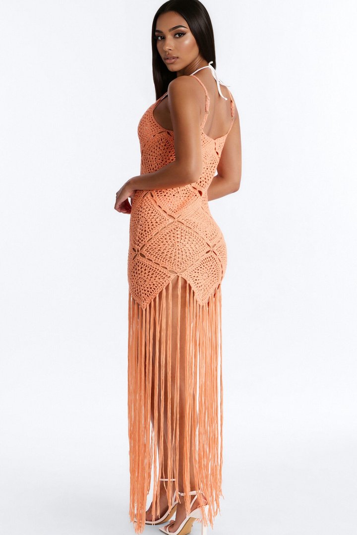 Rosali Crochet Fringe Cover Up Dress - Orange