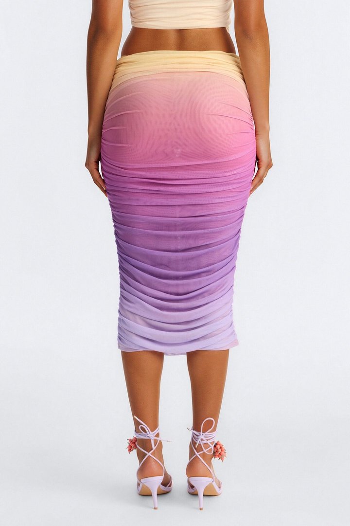 Chasing Sunsets Ruched Mesh Midi Skirt - Purple/combo