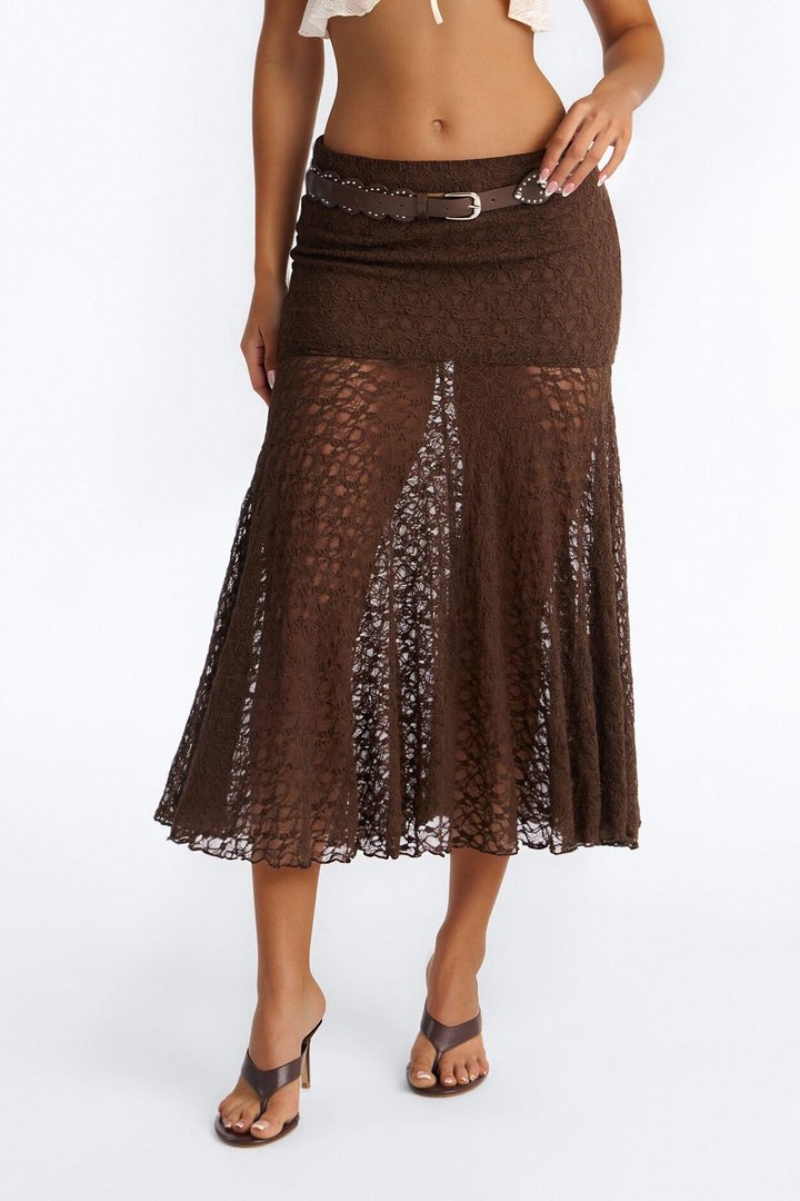 Jade Belted Lace Midi Skirt - Chocolate