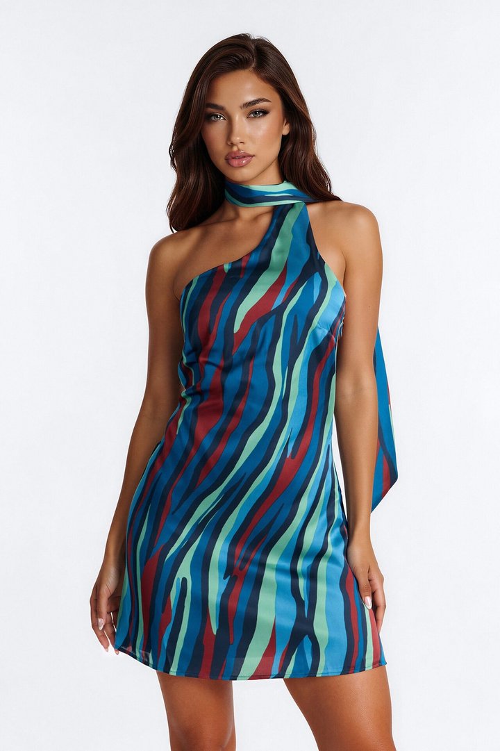 Natasha Abstract Satin Mini Dress - Blue/combo