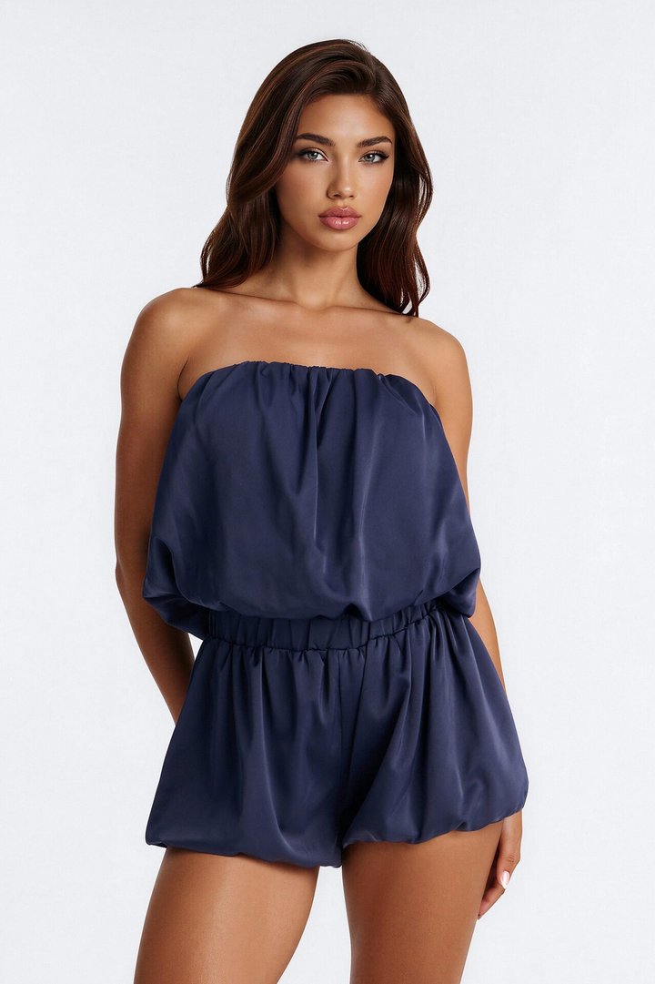 Flirt With Me Satin Bubble Romper - Navy