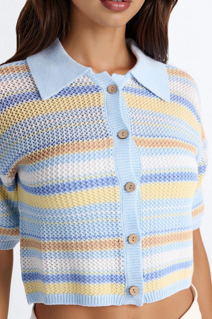 Solvita Striped Button Front Collared Crochet Top - Blue/combo