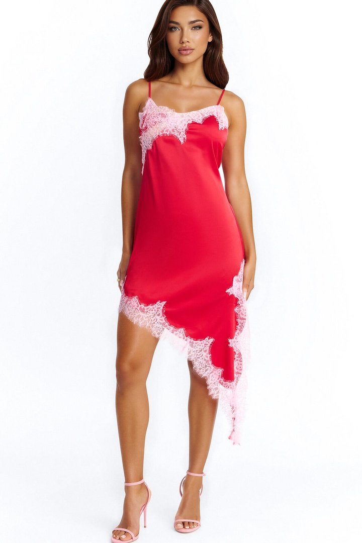 Late Nights Lace Trim Satin Midi Dress - Red/combo