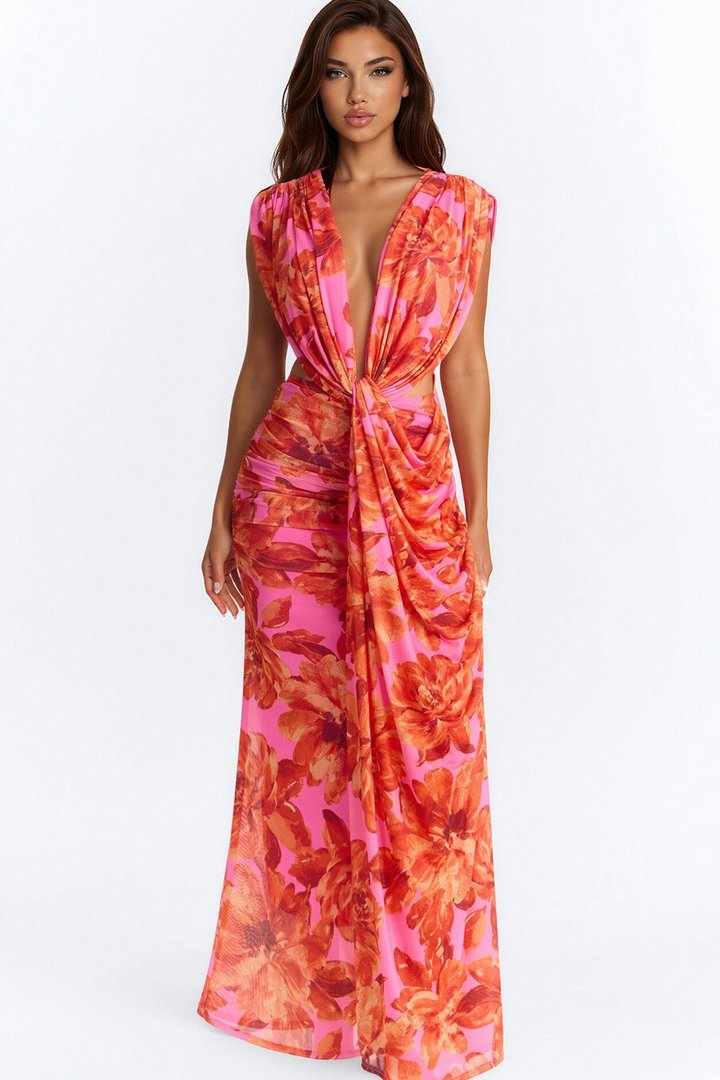 Veda Floral Mesh Maxi Dress - Pink/combo