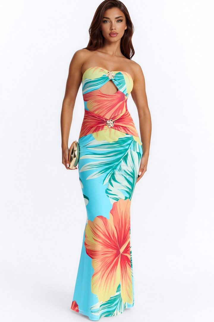 Susie Strapless Mesh Maxi Dress - Blue/combo
