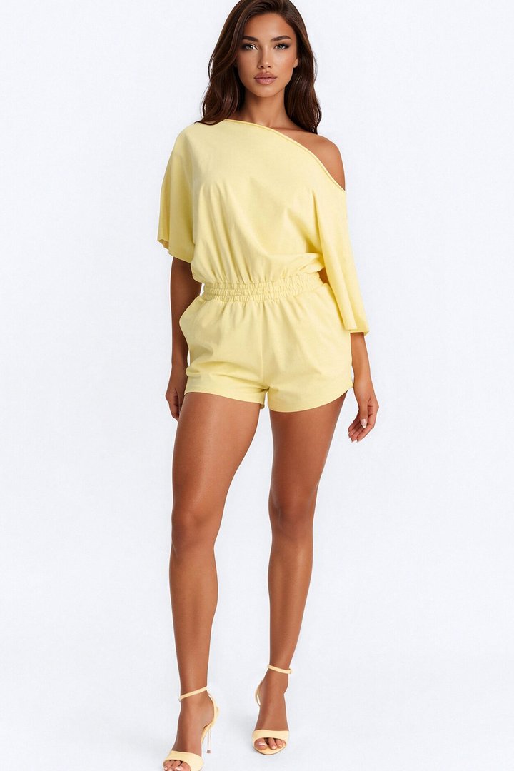 Sunday Dream Cotton Off Shoulder Romper - Butter Yellow