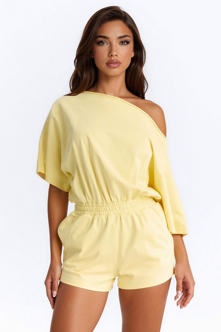 Sunday Dream Cotton Off Shoulder Romper - Butter Yellow
