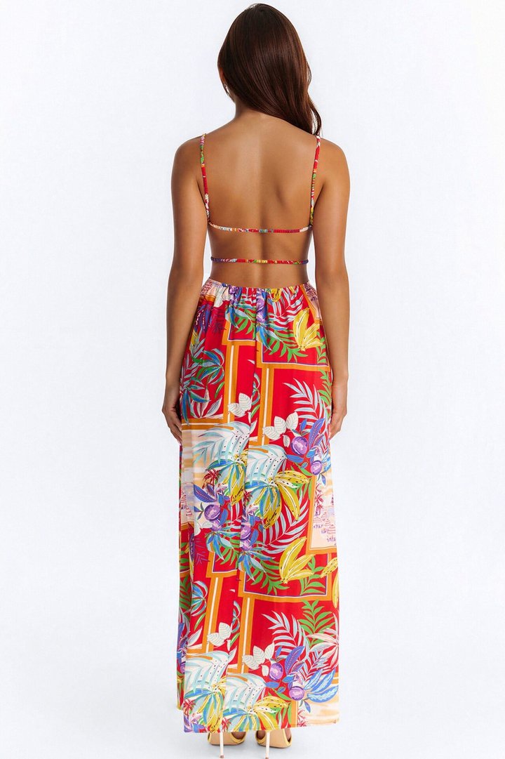 Kauai Backless Maxi Dress - Red/combo