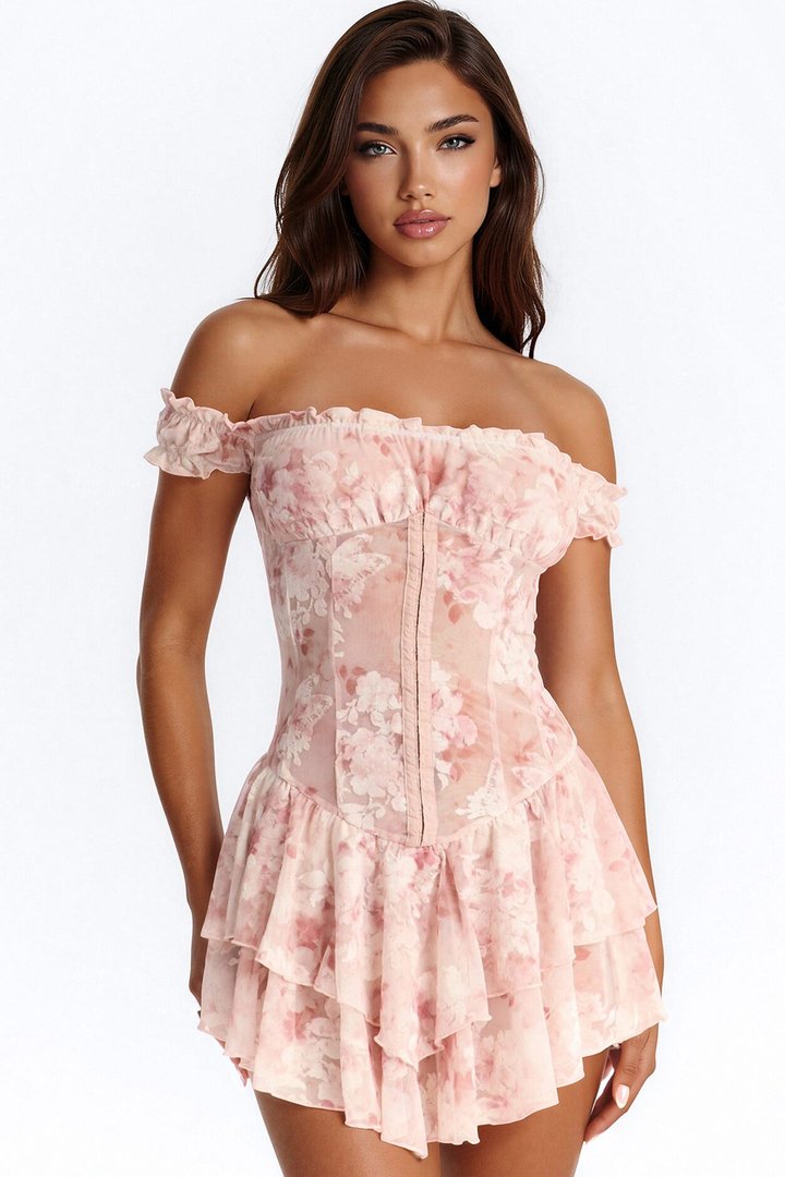 Lyla Ruffle Flocked Mesh Mini Dress - Mauve/combo