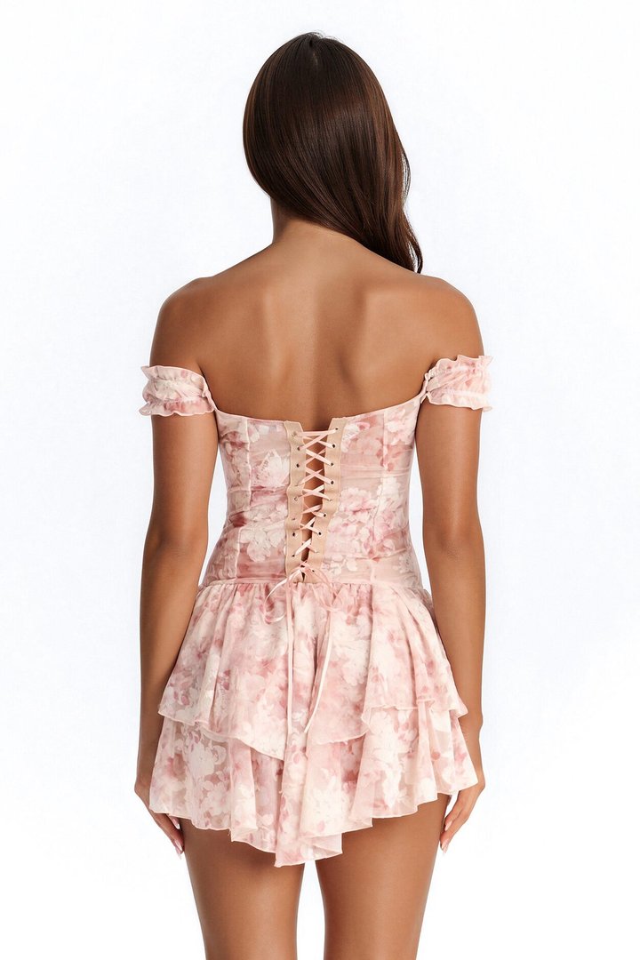 Lyla Ruffle Flocked Mesh Mini Dress - Mauve/combo