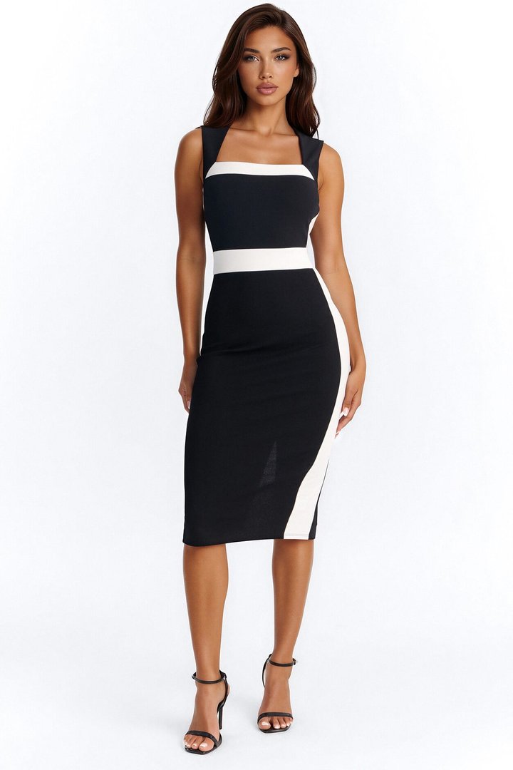 Margot Contrast Bow Midi Dress - Black/White