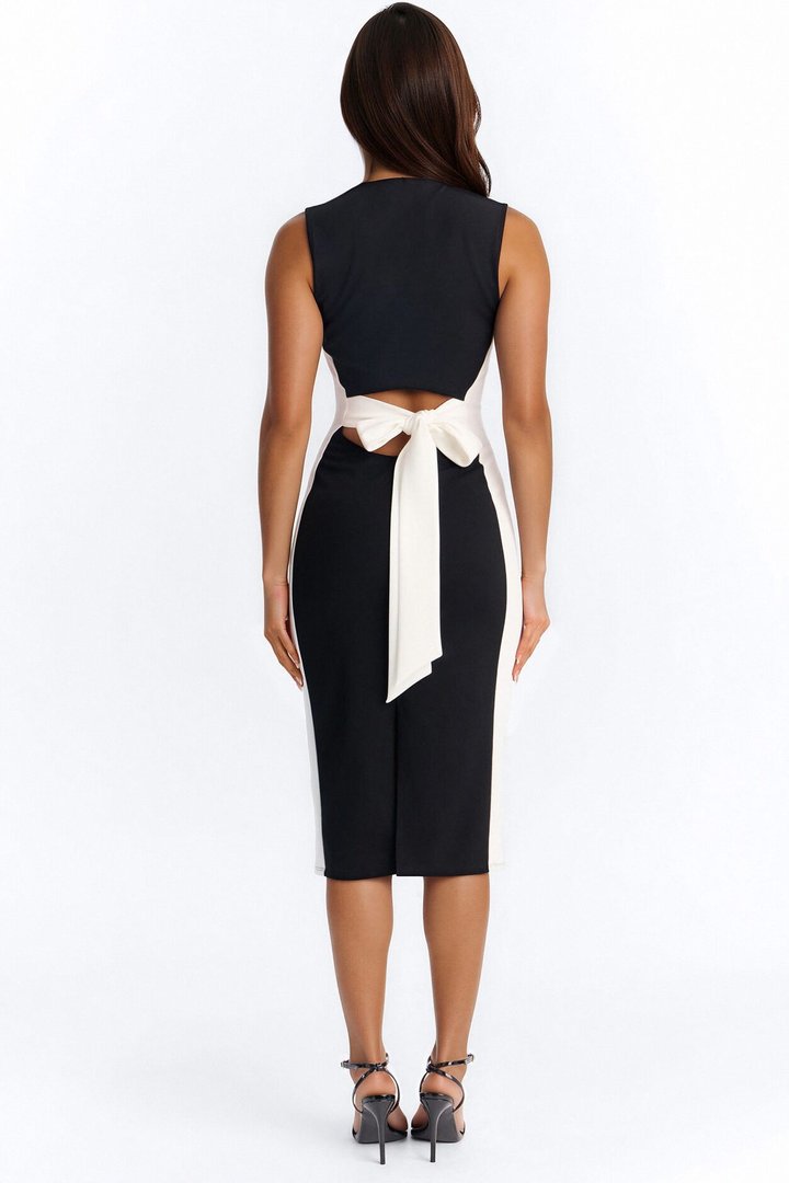 Margot Contrast Bow Midi Dress - Black/White