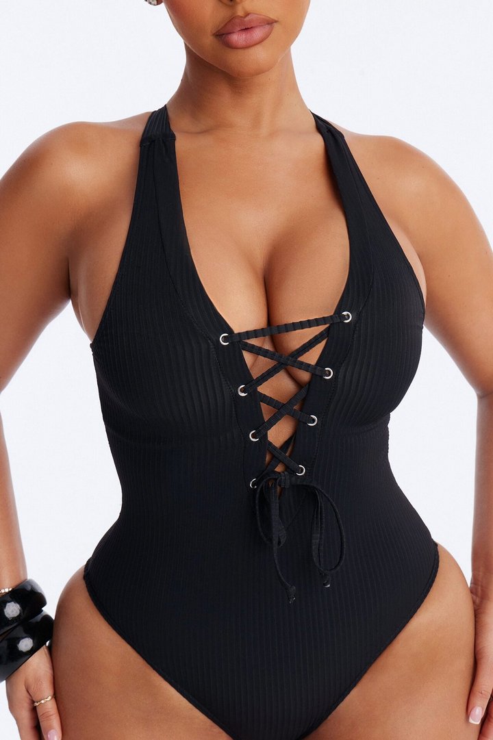 Clear Water Textured Lace Up V-Neck 1 Piece Swimsuit - Black