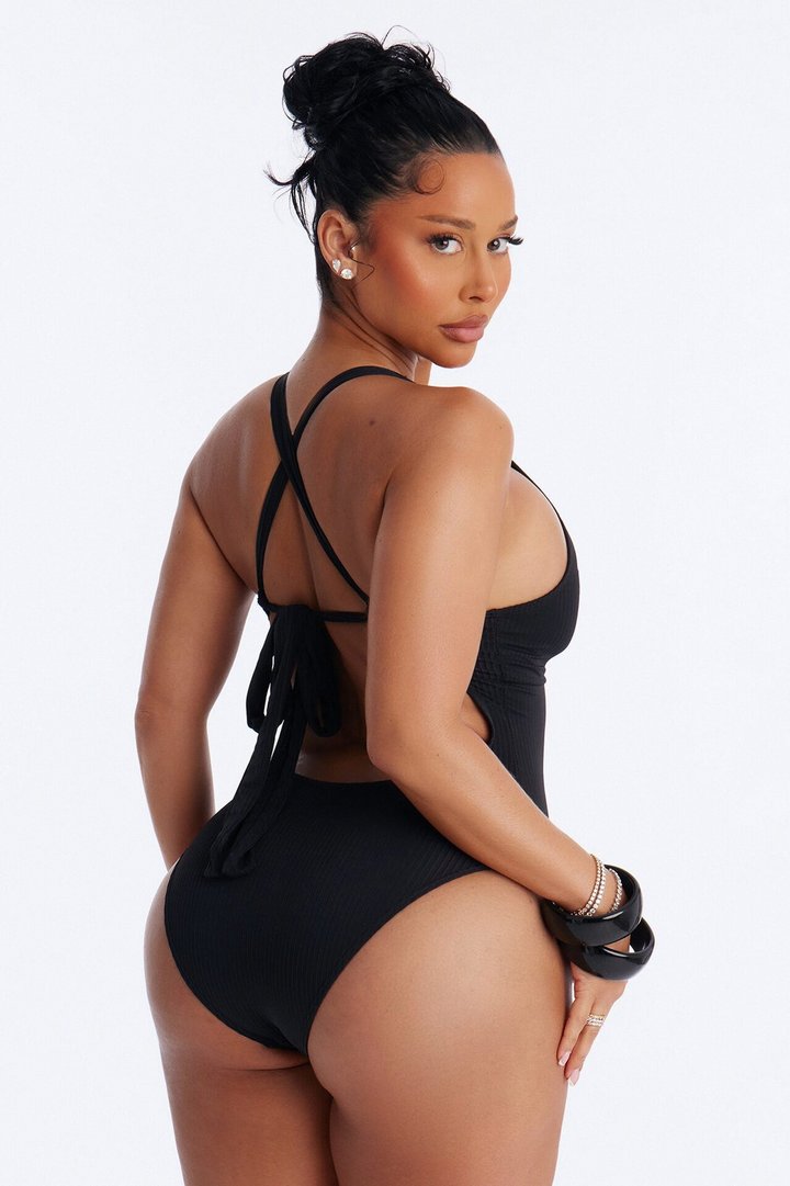 Clear Water Textured Lace Up V-Neck 1 Piece Swimsuit - Black