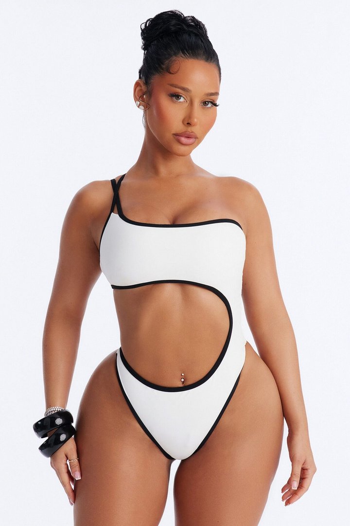 Riviera Ready 1 Piece One Shoulder Cut Out Swimsuit - White/Black