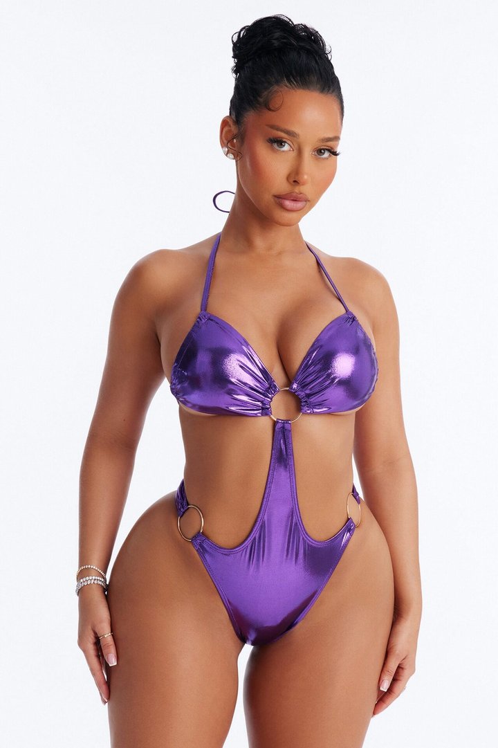 Beach Bold Baddie Metallic 1 Piece Halter Cut Out Swimsuit - Purple