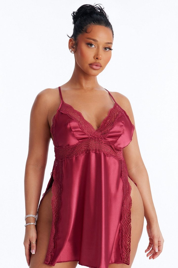 Martina Satin Lace Trim Babydoll - Red