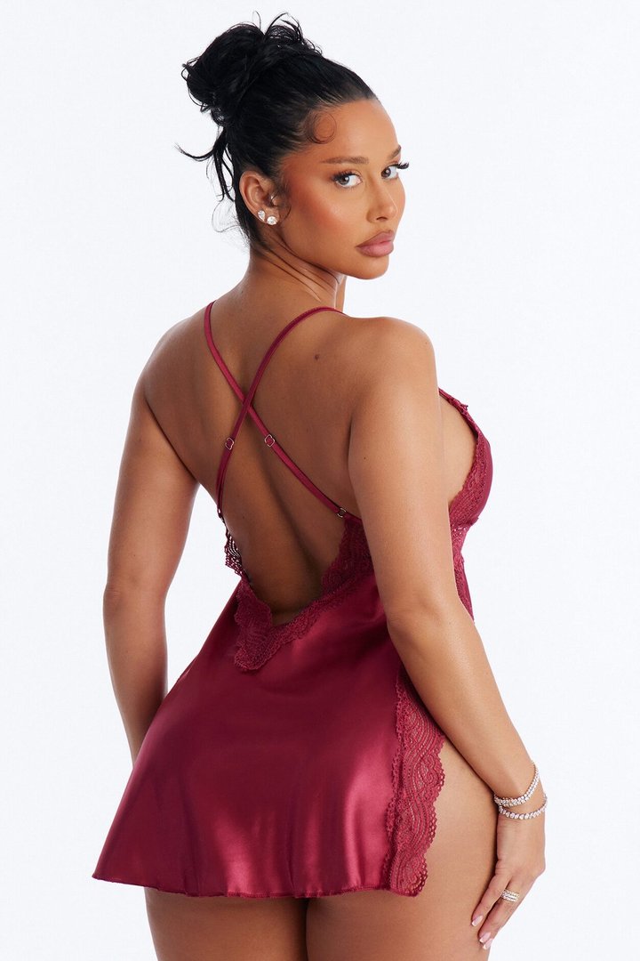 Martina Satin Lace Trim Babydoll - Red