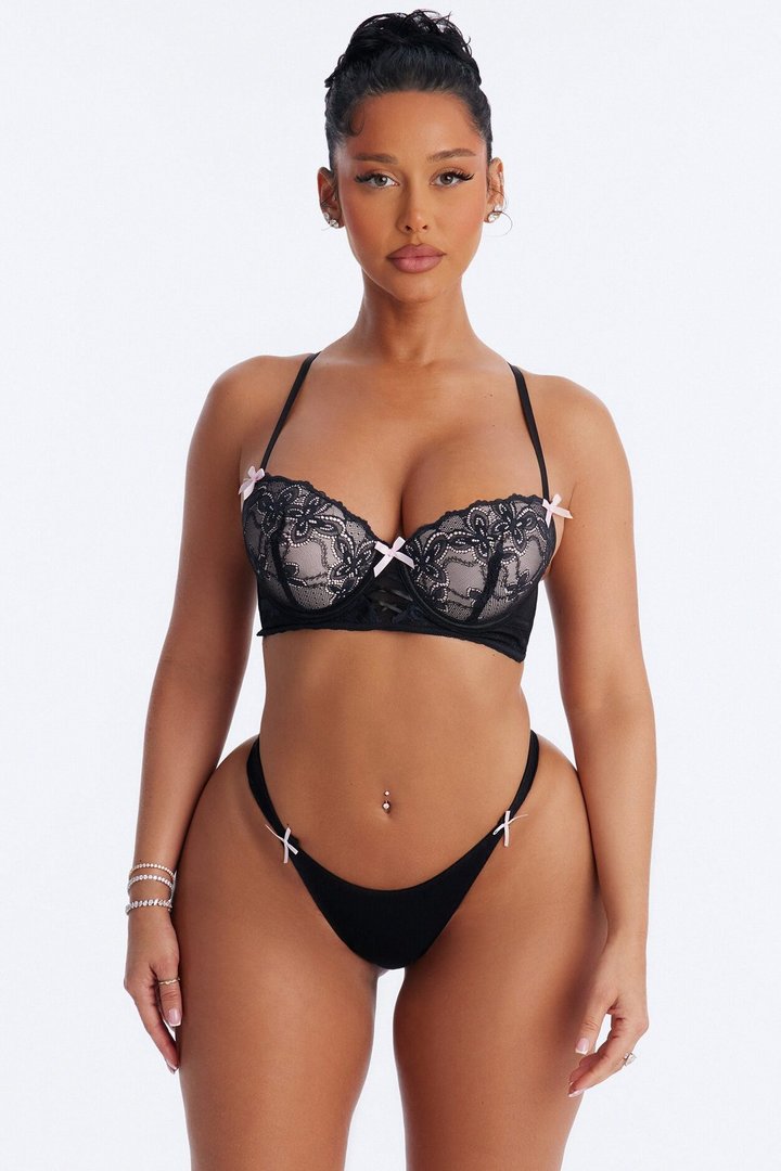 Under My Touch Bow Lace Longline Bra - Black