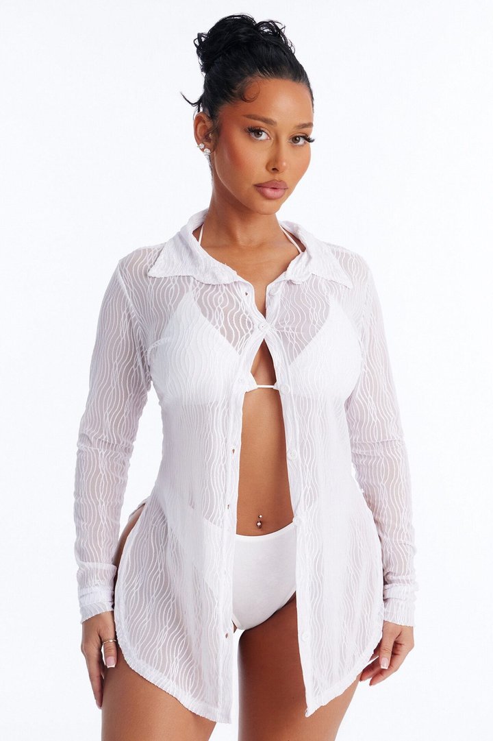 Take It Easy Mesh Cover Up Button Up Shirt - White