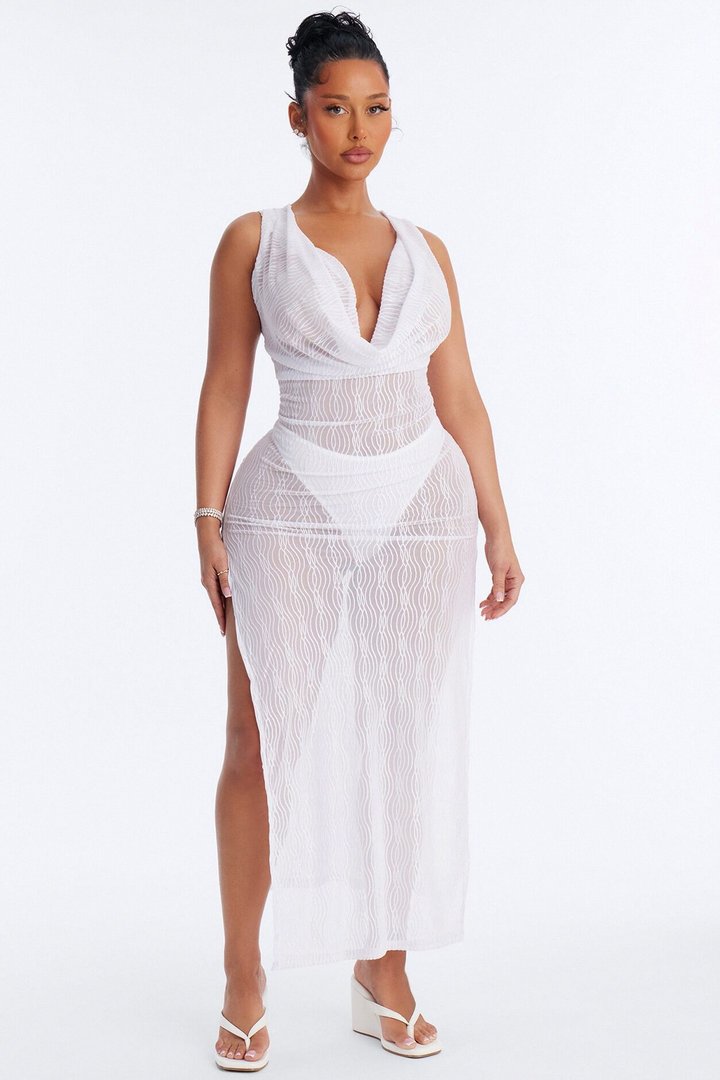 Sunshine Living Mesh Cover Up Cowl Midi Dress - White