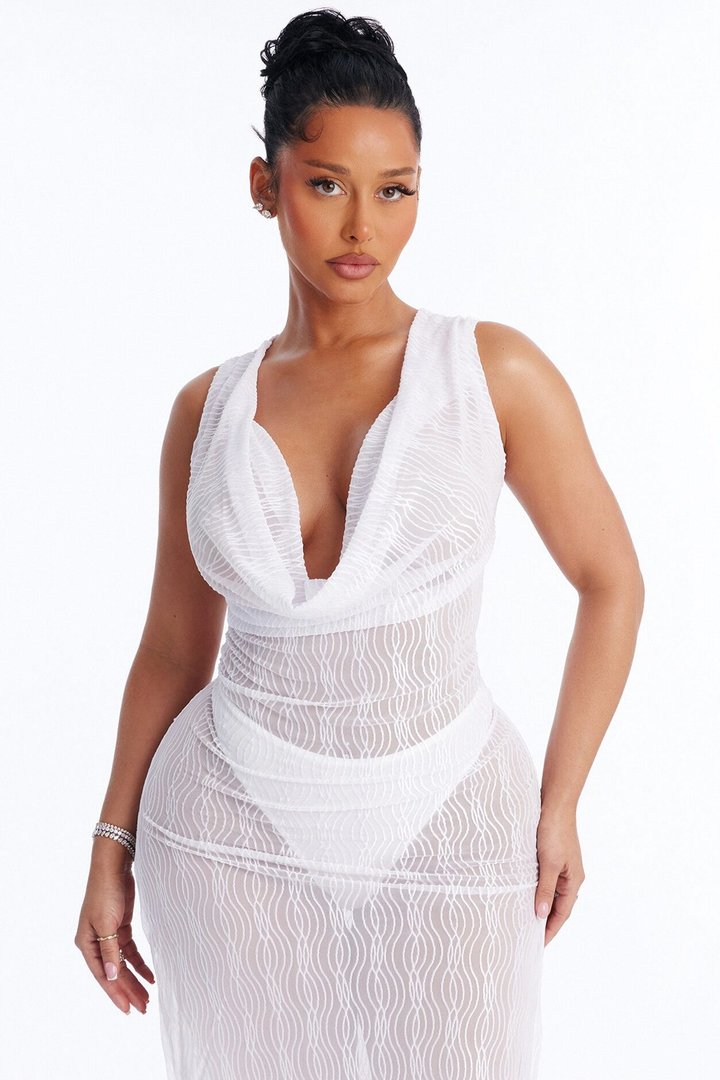 Sunshine Living Mesh Cover Up Cowl Midi Dress - White