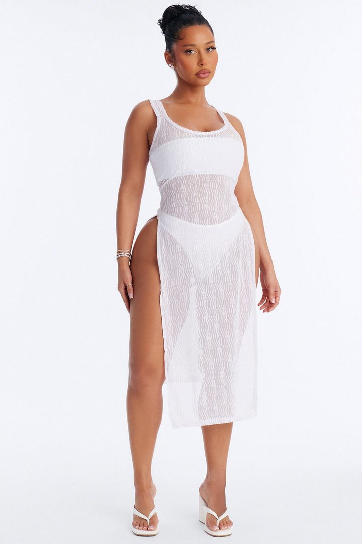 Live In The Moment Mesh Cover Up High Slit Dress - White