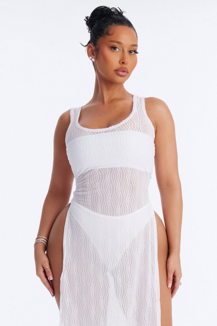 Live In The Moment Mesh Cover Up High Slit Dress - White