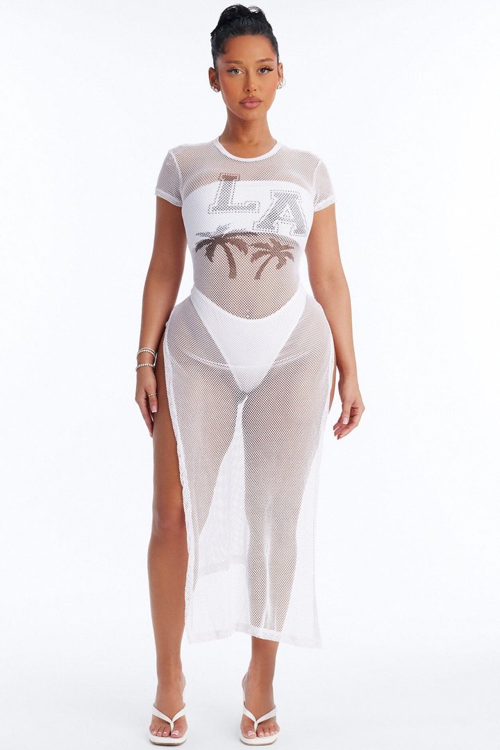 LA Nights Fishnet Cover Up Dress - White